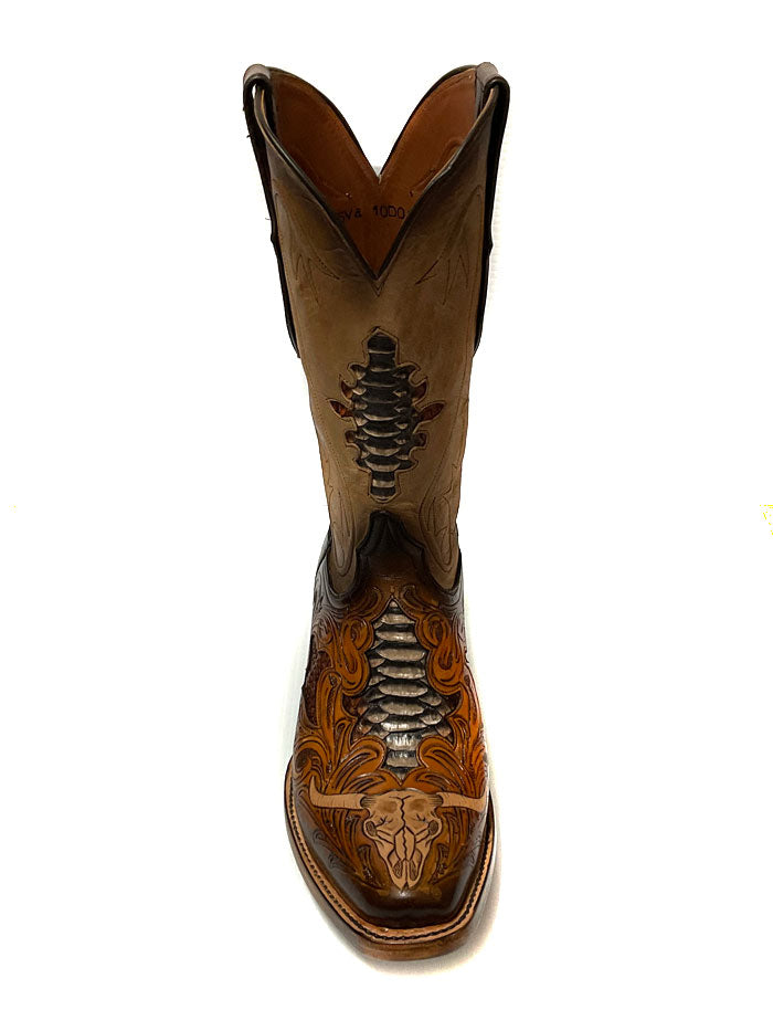 Black Jack HT-1425 Mens Hand Tooled Byson Skull Boot Rust Dyed side and front view. If you need any assistance with this item or the purchase of this item please call us at five six one seven four eight eight eight zero one Monday through Saturday 10:00a.m EST to 8:00 p.m EST