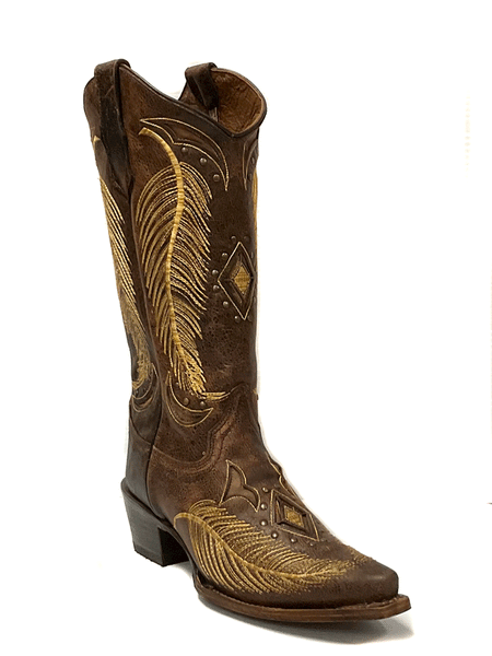 Circle G L5852 Ladies Inlay And Feather Embroidered Boots Brown front and side view. If you need any assistance with this item or the purchase of this item please call us at five six one seven four eight eight eight zero one Monday through Saturday 10:00a.m EST to 8:00 p.m EST