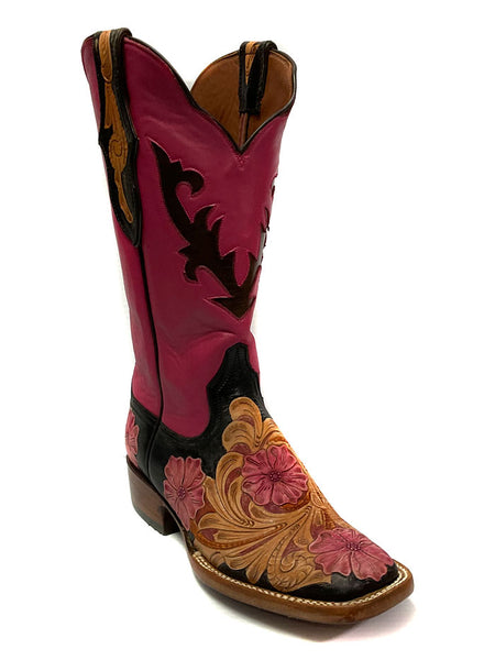 Black Jack LHT-205 Womens Handtooled Flowers Boots Multicolored Pink Vintaged side and front view. If you need any assistance with this item or the purchase of this item please call us at five six one seven four eight eight eight zero one Monday through Saturday 10:00a.m EST to 8:00 p.m EST