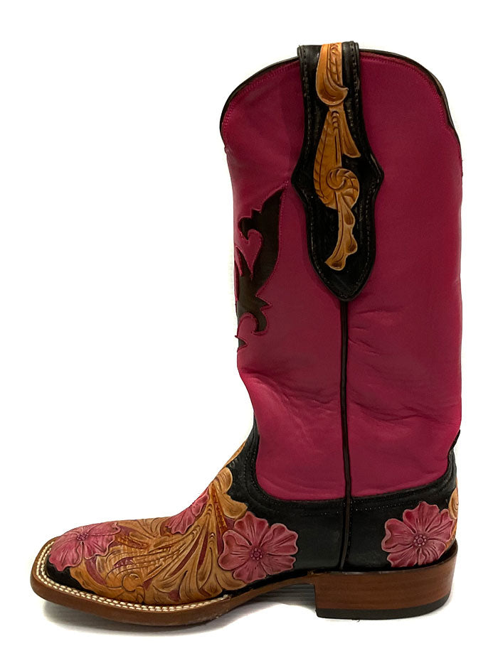 Black Jack LHT-205 Womens Handtooled Flowers Boots Multicolored Pink Vintaged side and front view. If you need any assistance with this item or the purchase of this item please call us at five six one seven four eight eight eight zero one Monday through Saturday 10:00a.m EST to 8:00 p.m EST
