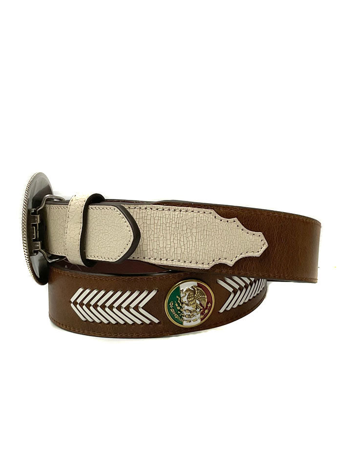 Ariat A1040002 Mens Mexico Flag Buckle And Conchos Leather Belt Brown front view. If you need any assistance with this item or the purchase of this item please call us at five six one seven four eight eight eight zero one Monday through Saturday 10:00a.m EST to 8:00 p.m EST
