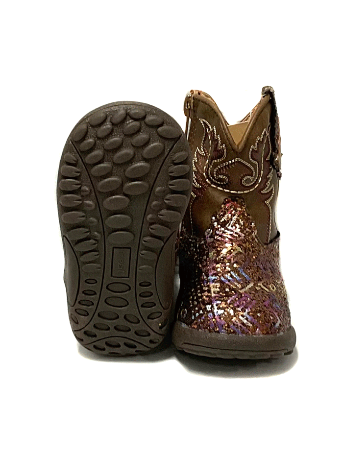 Roper 09-016-1225-2986 Infants Cowbabies Glitter Aztec Boot Brown side and front view. If you need any assistance with this item or the purchase of this item please call us at five six one seven four eight eight eight zero one Monday through Saturday 10:00a.m EST to 8:00 p.m EST