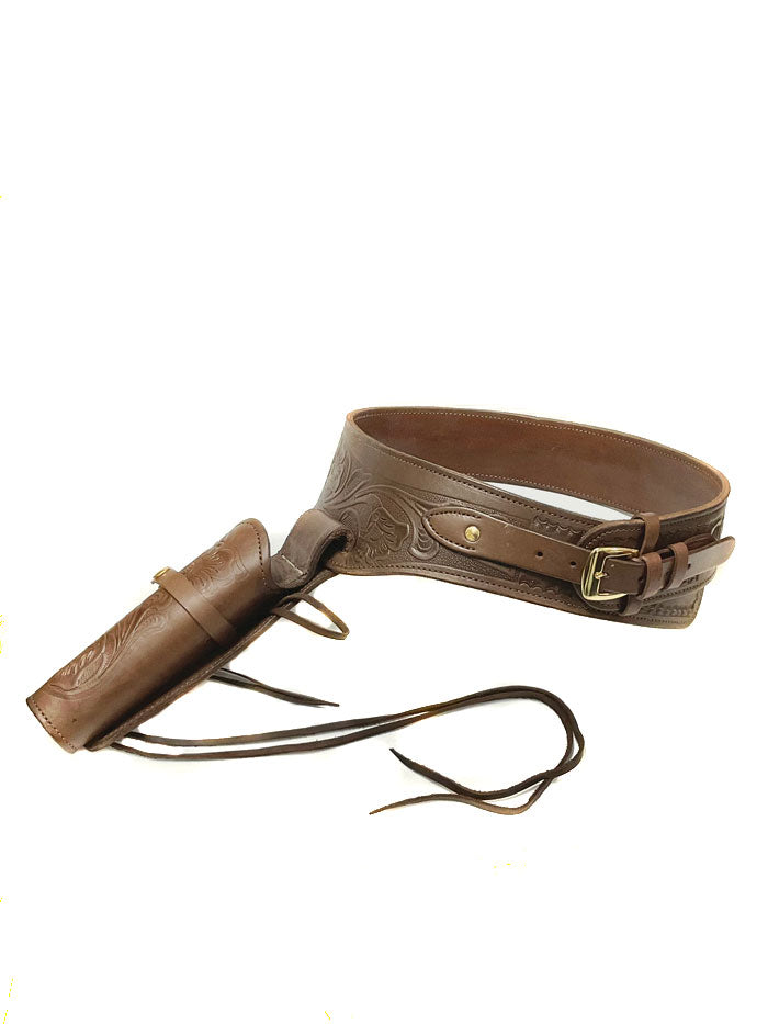 Western Express GB-45CHOC Tooled Leather Single Holster Belt Chocolate front view