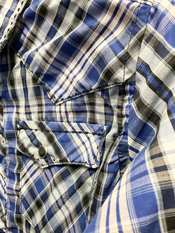 Wrangler 112317065 Kids Fashion Western Snap Plaid Shirt Sodalite Blue front view. If you need any assistance with this item or the purchase of this item please call us at five six one seven four eight eight eight zero one Monday through Saturday 10:00a.m EST to 8:00 p.m EST