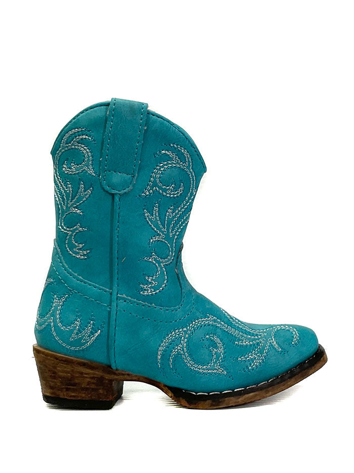 Roper 09-017-1566-2423 Toddlers Riley Western Boot Turquoise front and side view. If you need any assistance with this item or the purchase of this item please call us at five six one seven four eight eight eight zero one Monday through Saturday 10:00a.m EST to 8:00 p.m EST