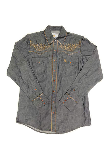 Rangers 013CA01 Mens Western Shirt Denim front view. If you need any assistance with this item or the purchase of this item please call us at five six one seven four eight eight eight zero one Monday through Saturday 10:00a.m EST to 8:00 p.m EST