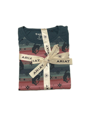 Ariat 10042606 Womens Long Sleeve Pajama Set Bucking Serape Blue folded as gift set. If you need any assistance with this item or the purchase of this item please call us at five six one seven four eight eight eight zero one Monday through Saturday 10:00a.m EST to 8:00 p.m EST