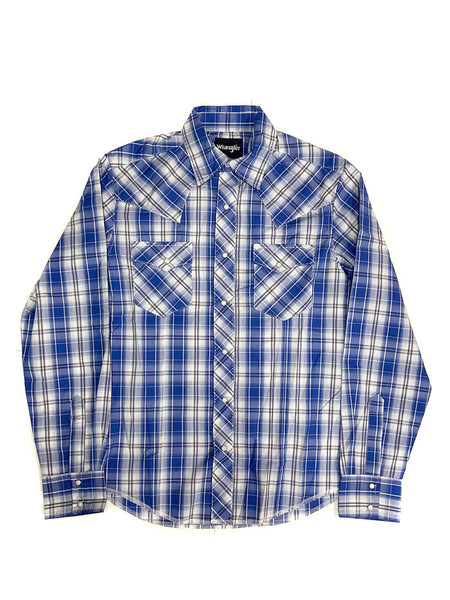 Wrangler 112318679 Mens Fashion Snap Long Sleeve Shirt Blue front view. If you need any assistance with this item or the purchase of this item please call us at five six one seven four eight eight eight zero one Monday through Saturday 10:00a.m EST to 8:00 p.m EST