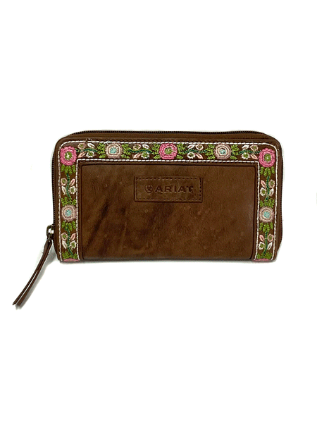 Ariat A770007502 Womens Addison Floral Wallet Brown front view. If you need any assistance with this item or the purchase of this item please call us at five six one seven four eight eight eight zero one Monday through Saturday 10:00a.m EST to 8:00 p.m EST