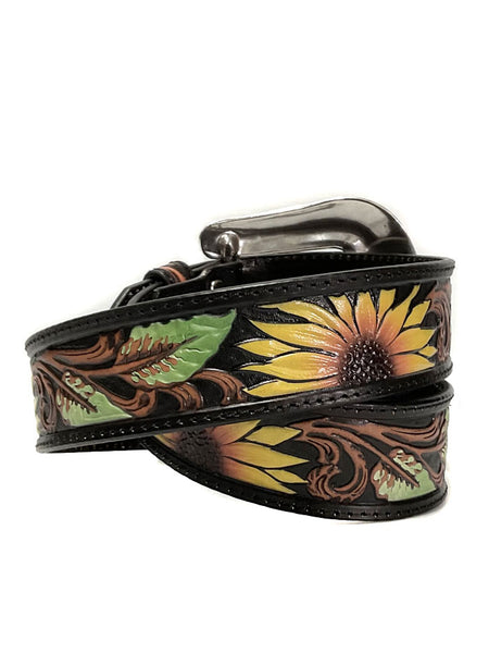 Nocona N320002301 Womens Sunflower Tooled Leather Belt Black back view