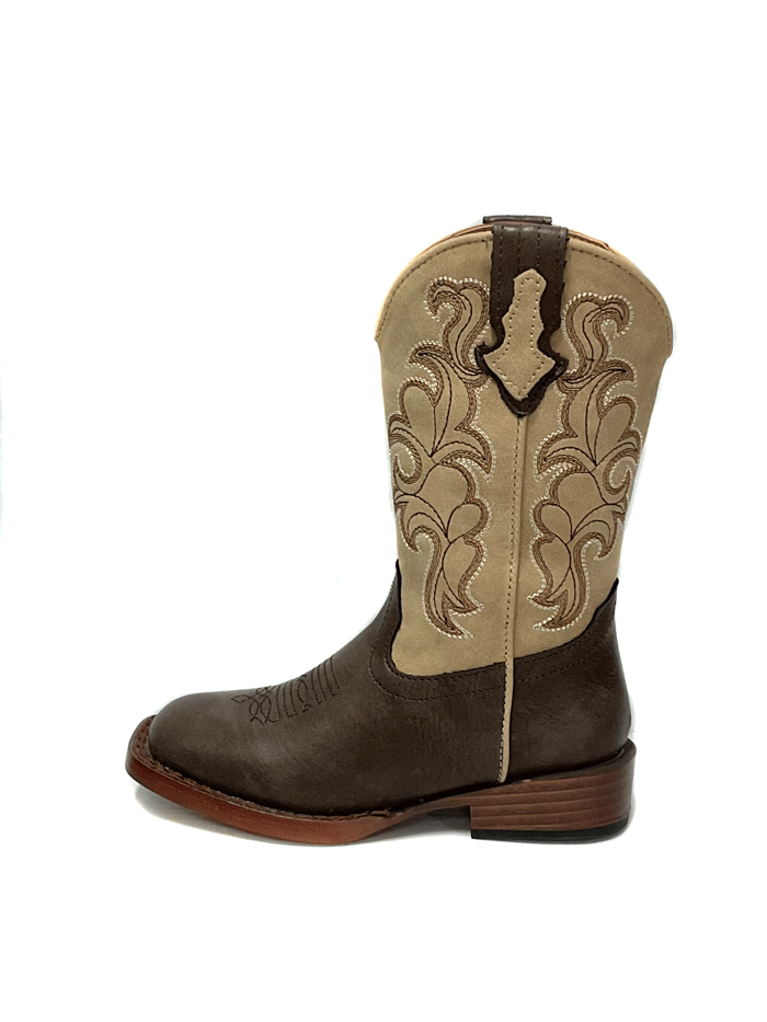 Roper 3089 Kids Blaze Square Toe Boot Tan And Brown kids and toddler boots side view. If you need any assistance with this item or the purchase of this item please call us at five six one seven four eight eight eight zero one Monday through Saturday 10:00a.m EST to 8:00 p.m EST