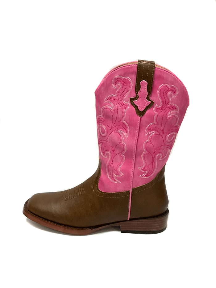 Roper 3088 Kids Blaze Square Toe Boot Pink And Brown kids and toddler dront and side view. If you need any assistance with this item or the purchase of this item please call us at five six one seven four eight eight eight zero one Monday through Saturday 10:00a.m EST to 8:00 p.m EST