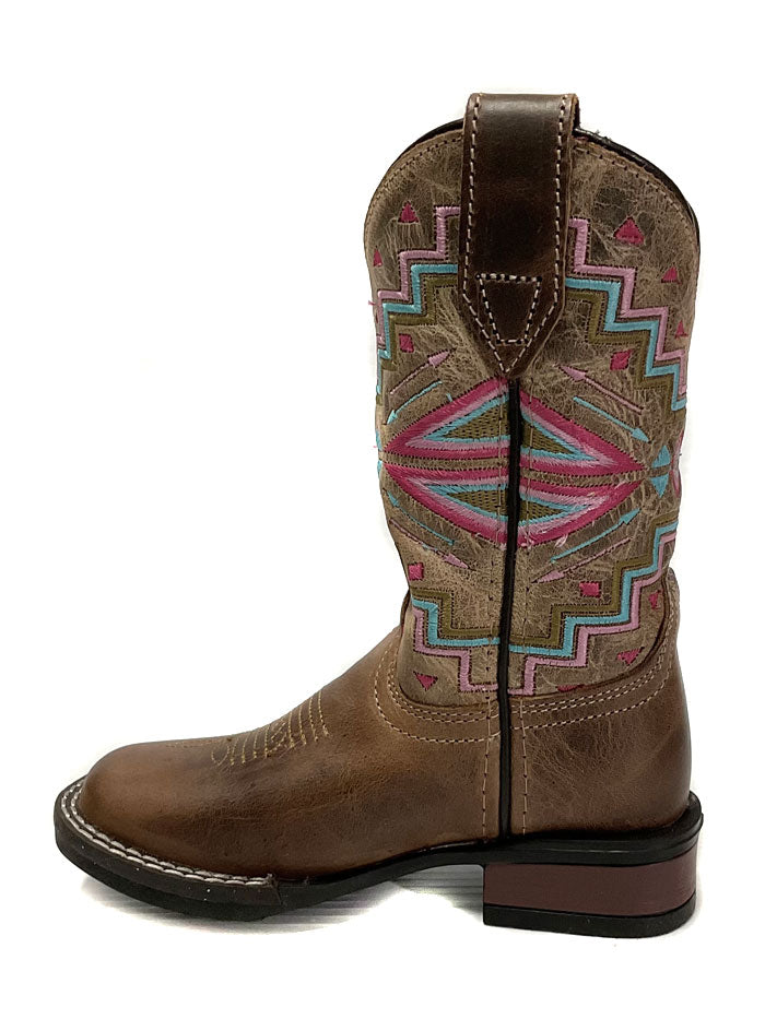 Roper 09-018-0912-2569 BR Kids Monterey Aztec leather Boot Brown side / front view. If you need any assistance with this item or the purchase of this item please call us at five six one seven four eight eight eight zero one Monday through Saturday 10:00a.m EST to 8:00 p.m EST