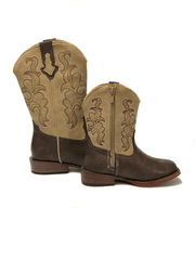 Roper 3089 Kids Blaze Square Toe Boot Tan And Brown inner side kids and toddler side view. If you need any assistance with this item or the purchase of this item please call us at five six one seven four eight eight eight zero one Monday through Saturday 10:00a.m EST to 8:00 p.m EST