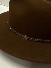 Biltmore BF2146DISC3108 DISCOVERY Crushable Wool Felt Hat Chocolate band close up. If you need any assistance with this item or the purchase of this item please call us at five six one seven four eight eight eight zero one Monday through Saturday 10:00a.m EST to 8:00 p.m EST