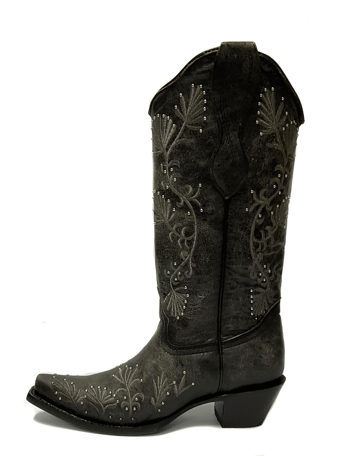 Circle G L2069 Ladies Embroidery & Studs Boots Distressed Black front and side view. If you need any assistance with this item or the purchase of this item please call us at five six one seven four eight eight eight zero one Monday through Saturday 10:00a.m EST to 8:00 p.m EST