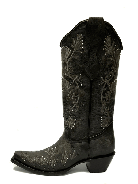 Circle G L2069 Ladies Embroidery & Studs Boots Distressed Black side view. If you need any assistance with this item or the purchase of this item please call us at five six one seven four eight eight eight zero one Monday through Saturday 10:00a.m EST to 8:00 p.m EST