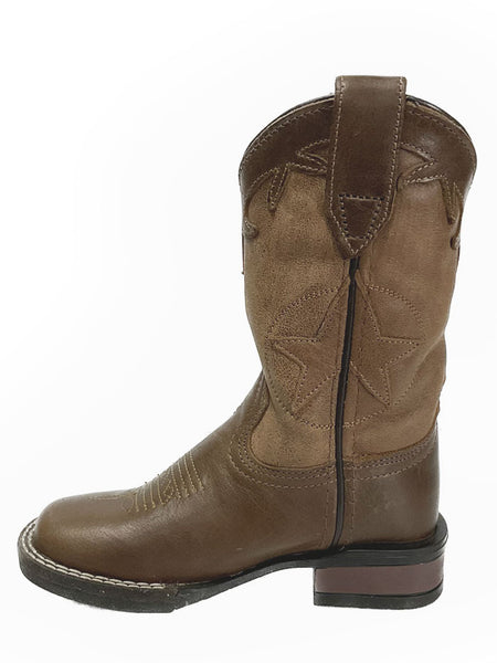 Roper 09-018-0912-2570 Kids Square Toe Western Boot Brown side view. If you need any assistance with this item or the purchase of this item please call us at five six one seven four eight eight eight zero one Monday through Saturday 10:00a.m EST to 8:00 p.m EST