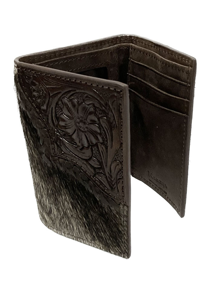 Nocona N500034002 Mens Calf Hair Tooled Edge Trifold Wallet Brown folded view. If you need any assistance with this item or the purchase of this item please call us at five six one seven four eight eight eight zero one Monday through Saturday 10:00a.m EST to 8:00 p.m EST