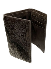 Nocona N500034002 Mens Calf Hair Tooled Edge Trifold Wallet Brown open front  view. If you need any assistance with this item or the purchase of this item please call us at five six one seven four eight eight eight zero one Monday through Saturday 10:00a.m EST to 8:00 p.m EST