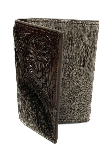 Nocona N500034002 Mens Calf Hair Tooled Edge Trifold Wallet Brown folded view. If you need any assistance with this item or the purchase of this item please call us at five six one seven four eight eight eight zero one Monday through Saturday 10:00a.m EST to 8:00 p.m EST