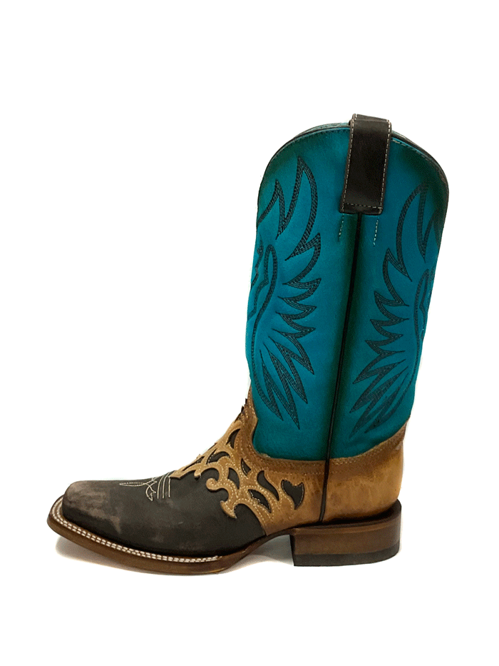 Corral Z5099 Ladies Overlay And Embroidery Square Toe Western Boot Blue Tobacco front and side view. If you need any assistance with this item or the purchase of this item please call us at five six one seven four eight eight eight zero one Monday through Saturday 10:00a.m EST to 8:00 p.m EST