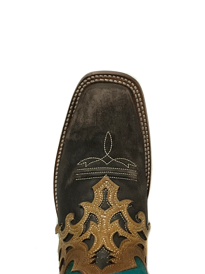 Corral Z5099 Ladies Overlay And Embroidery Square Toe Western Boot Blue Tobacco front and side view. If you need any assistance with this item or the purchase of this item please call us at five six one seven four eight eight eight zero one Monday through Saturday 10:00a.m EST to 8:00 p.m EST