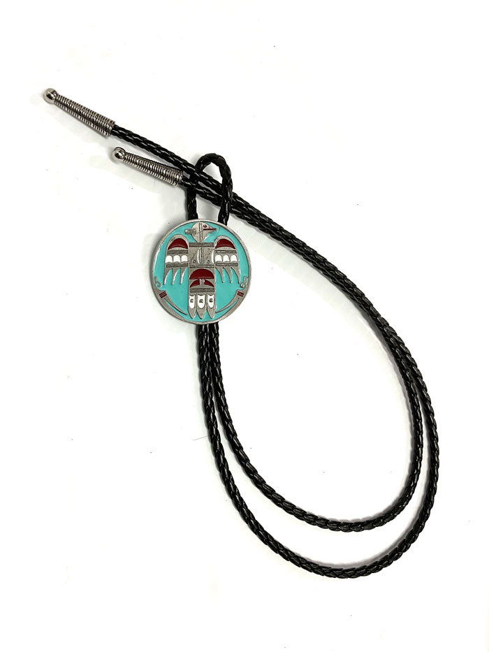 Colorado Silver Star 5-BC24-E Round Hopi Thunderbird Bolo Tie Turquoise close up front. If you need any assistance with this item or the purchase of this item please call us at five six one seven four eight eight eight zero one Monday through Saturday 10:00a.m EST to 8:00 p.m EST