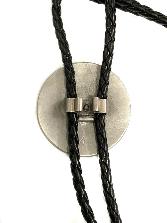 Colorado Silver Star 5-BC24-E Round Hopi Thunderbird Bolo Tie Turquoise close up back. If you need any assistance with this item or the purchase of this item please call us at five six one seven four eight eight eight zero one Monday through Saturday 10:00a.m EST to 8:00 p.m EST