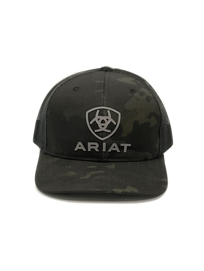 Ariat A300017101 R112 Snap Back Rubber Logo Cap Black Camo front and side view. If you need any assistance with this item or the purchase of this item please call us at five six one seven four eight eight eight zero one Monday through Saturday 10:00a.m EST to 8:00 p.m EST