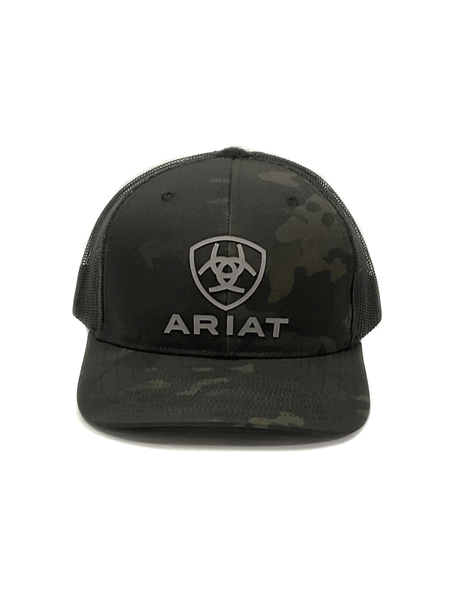 Ariat A300017101 R112 Snap Back Rubber Logo Cap Black Camo full front view. If you need any assistance with this item or the purchase of this item please call us at five six one seven four eight eight eight zero one Monday through Saturday 10:00a.m EST to 8:00 p.m EST