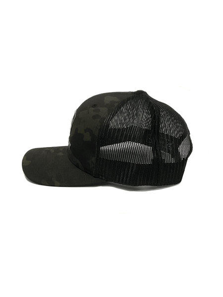 Ariat A300017101 R112 Snap Back Rubber Logo Cap Black Camo side view. If you need any assistance with this item or the purchase of this item please call us at five six one seven four eight eight eight zero one Monday through Saturday 10:00a.m EST to 8:00 p.m EST