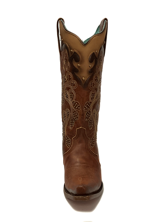 Corral Z5088 Ladies Embroidery And Studs Overlay Snip Toe Boots Tan front and side view. If you need any assistance with this item or the purchase of this item please call us at five six one seven four eight eight eight zero one Monday through Saturday 10:00a.m EST to 8:00 p.m EST