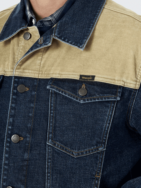 Wrangler 112318259 Mens Contrast Corduroy Yoke Unlined Denim Jacket Tigers Eye chest pocket and collar close up. If you need any assistance with this item or the purchase of this item please call us at five six one seven four eight eight eight zero one Monday through Saturday 10:00a.m EST to 8:00 p.m EST