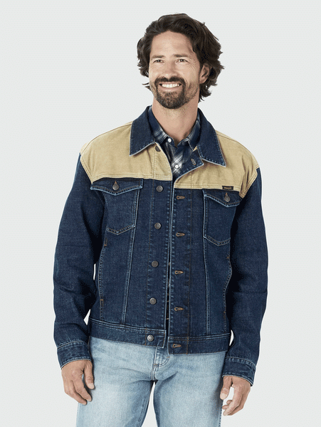 Wrangler 112318259 Mens Contrast Corduroy Yoke Unlined Denim Jacket Tigers Eye front view. If you need any assistance with this item or the purchase of this item please call us at five six one seven four eight eight eight zero one Monday through Saturday 10:00a.m EST to 8:00 p.m EST