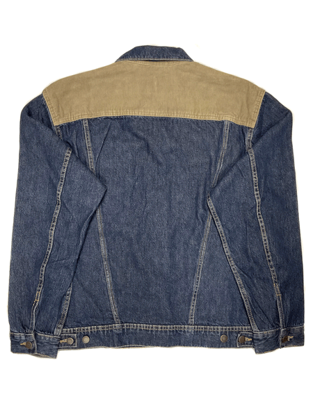 Wrangler 112318259 Mens Contrast Corduroy Yoke Unlined Denim Jacket Tigers Eye back view. If you need any assistance with this item or the purchase of this item please call us at five six one seven four eight eight eight zero one Monday through Saturday 10:00a.m EST to 8:00 p.m EST