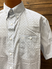 Wrangler 112324872 Mens George Strait Short Sleeve Shirt Blue front pocket and collar close up. If you need any assistance with this item or the purchase of this item please call us at five six one seven four eight eight eight zero one Monday through Saturday 10:00a.m EST to 8:00 p.m EST