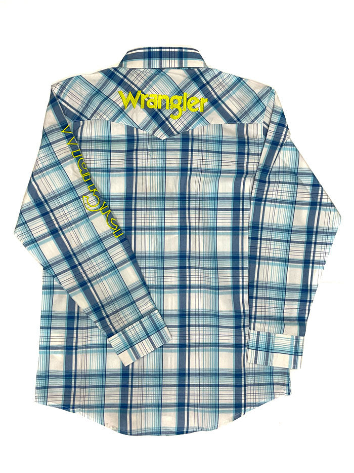 Wrangler 112324694 Boys Logo Long Sleeve Western Shirt Blue front view. If you need any assistance with this item or the purchase of this item please call us at five six one seven four eight eight eight zero one Monday through Saturday 10:00a.m EST to 8:00 p.m EST