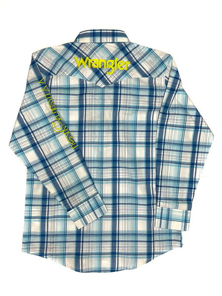 Wrangler 112324694 Boys Logo Long Sleeve Western Shirt Blue back view. If you need any assistance with this item or the purchase of this item please call us at five six one seven four eight eight eight zero one Monday through Saturday 10:00a.m EST to 8:00 p.m EST