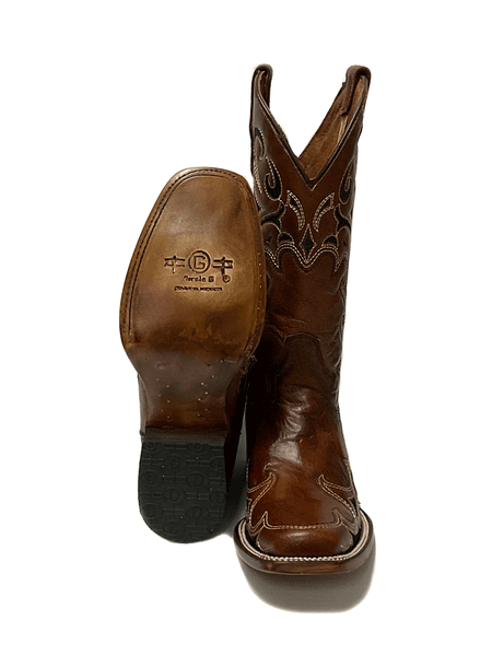 Circle G L5557 Ladies Embroidery Square Toe Boot Brown front and sole view. If you need any assistance with this item or the purchase of this item please call us at five six one seven four eight eight eight zero one Monday through Saturday 10:00a.m EST to 8:00 p.m EST