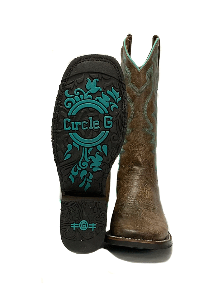 Circle G L5722 Ladies Embroidery Wide Square Toe Rubber Sole Boot Peanut front and side view. If you need any assistance with this item or the purchase of this item please call us at five six one seven four eight eight eight zero one Monday through Saturday 10:00a.m EST to 8:00 p.m EST