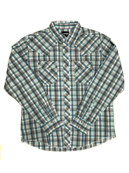 112324696 Wrangler Men's PBR Logo Long Sleeve Western Shirt - Blue Plaid