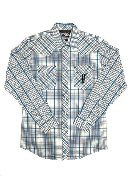 Wrangler 112324829 Mens 20X Competition Advanced Comfort Shirt Blue front view. If you need any assistance with this item or the purchase of this item please call us at five six one seven four eight eight eight zero one Monday through Saturday 10:00a.m EST to 8:00 p.m EST