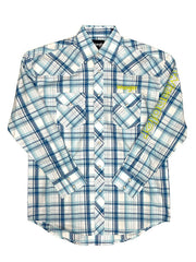 Wrangler 112324644 Mens Logo Long Sleeve Snap Shirt Blue front view. If you need any assistance with this item or the purchase of this item please call us at five six one seven four eight eight eight zero one Monday through Saturday 10:00a.m EST to 8:00 p.m EST