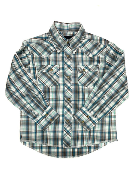 Wrangler 112324657 Kids Long Sleeve Shirt Blue front view. If you need any assistance with this item or the purchase of this item please call us at five six one seven four eight eight eight zero one Monday through Saturday 10:00a.m EST to 8:00 p.m EST