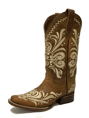 Circle G L5409 Ladies Embroidery Square Toe Boot Tan front and side view. If you need any assistance with this item or the purchase of this item please call us at five six one seven four eight eight eight zero one Monday through Saturday 10:00a.m EST to 8:00 p.m EST