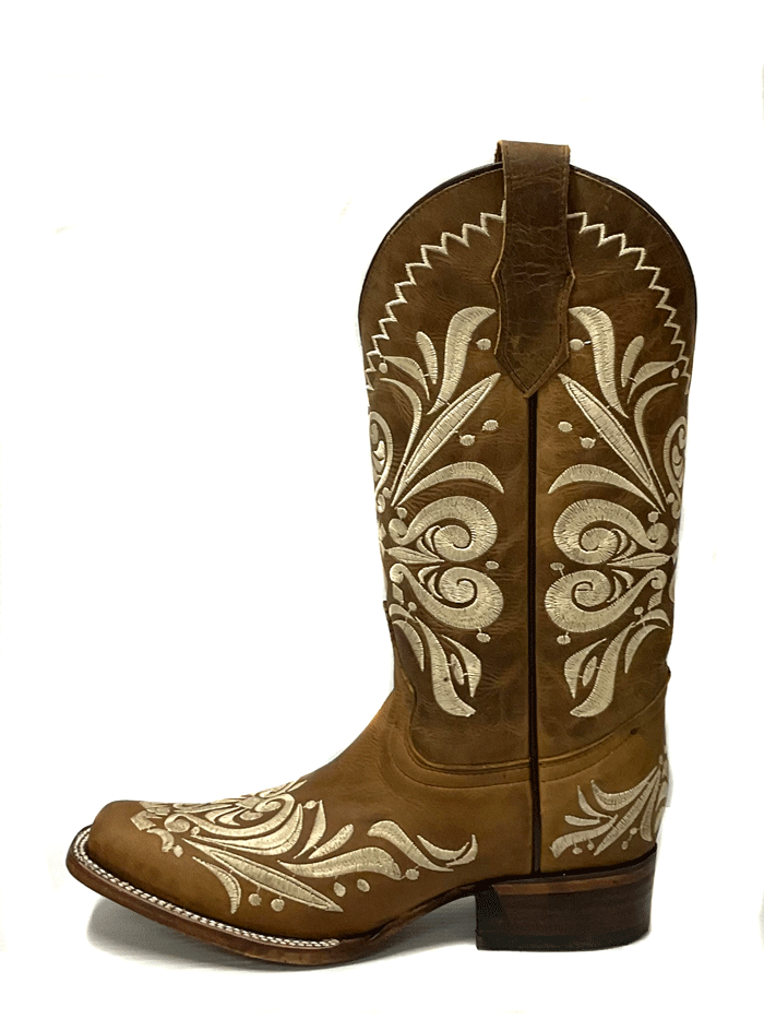 Circle G L5409 Ladies Embroidery Square Toe Boot Tan front and side view. If you need any assistance with this item or the purchase of this item please call us at five six one seven four eight eight eight zero one Monday through Saturday 10:00a.m EST to 8:00 p.m EST