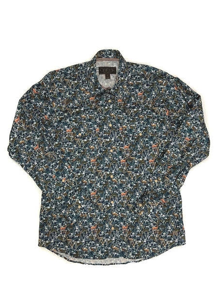 Madison Creek 301-BLDP Mens Long Sleeve Shirt Blue Deer Print front view. If you need any assistance with this item or the purchase of this item please call us at five six one seven four eight eight eight zero one Monday through Saturday 10:00a.m EST to 8:00 p.m EST