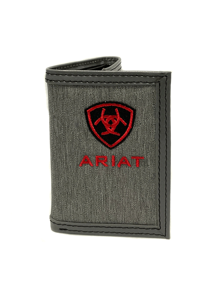 Ariat A3542404 Mens Trifold Logo Wallet Grey And Red front view. If you need any assistance with this item or the purchase of this item please call us at five six one seven four eight eight eight zero one Monday through Saturday 10:00a.m EST to 8:00 p.m EST