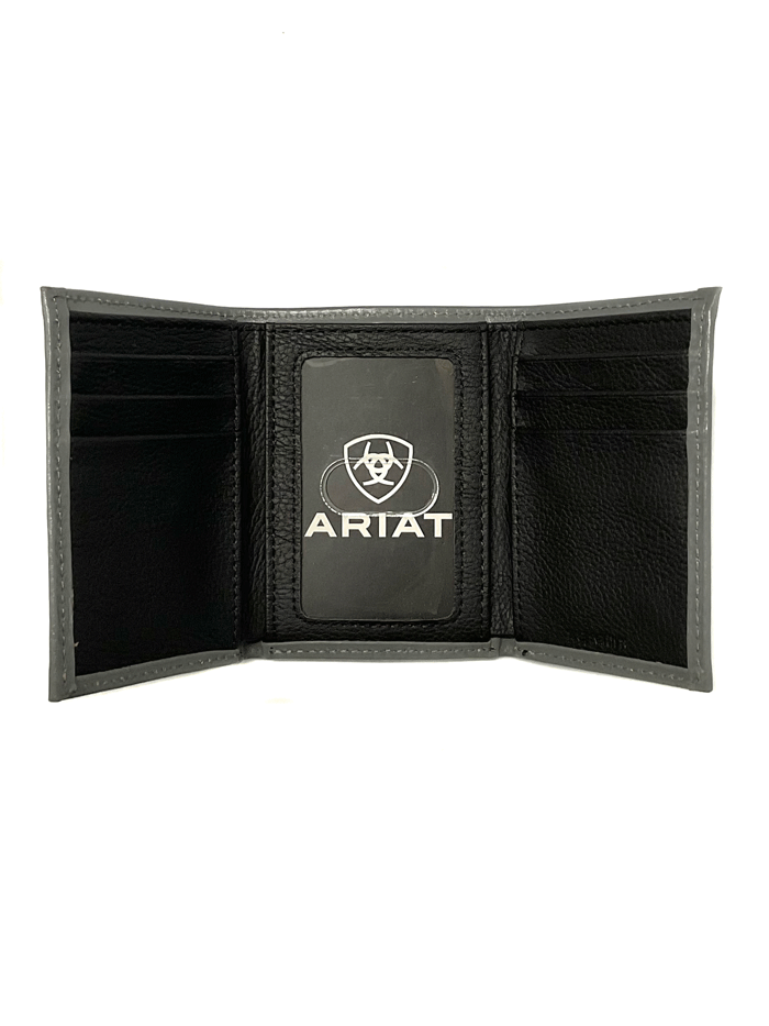 Ariat A3542404 Mens Trifold Logo Wallet Grey And Red front view. If you need any assistance with this item or the purchase of this item please call us at five six one seven four eight eight eight zero one Monday through Saturday 10:00a.m EST to 8:00 p.m EST